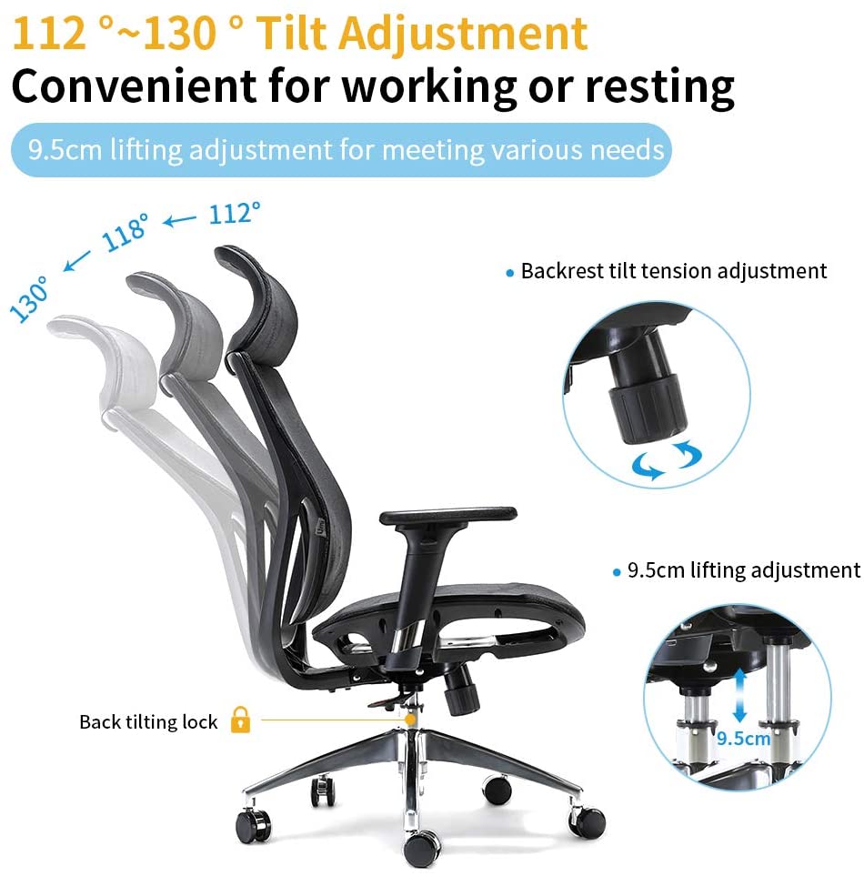 Ergonomic office chair Breathable High-Back Mesh Adjustable Lumbar Support 3D Armrests Tilt Function 360° Rotating Wheels