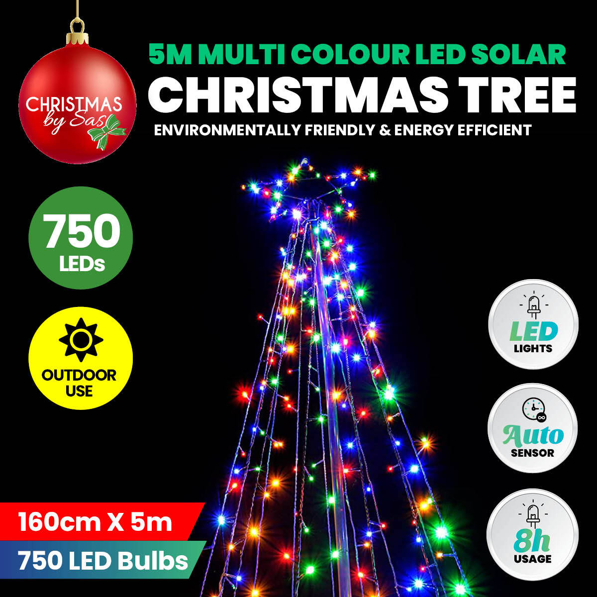 Christmas By Sas 5m Tree Shaped LED Multicoloured Solar Lights & Metal Frame