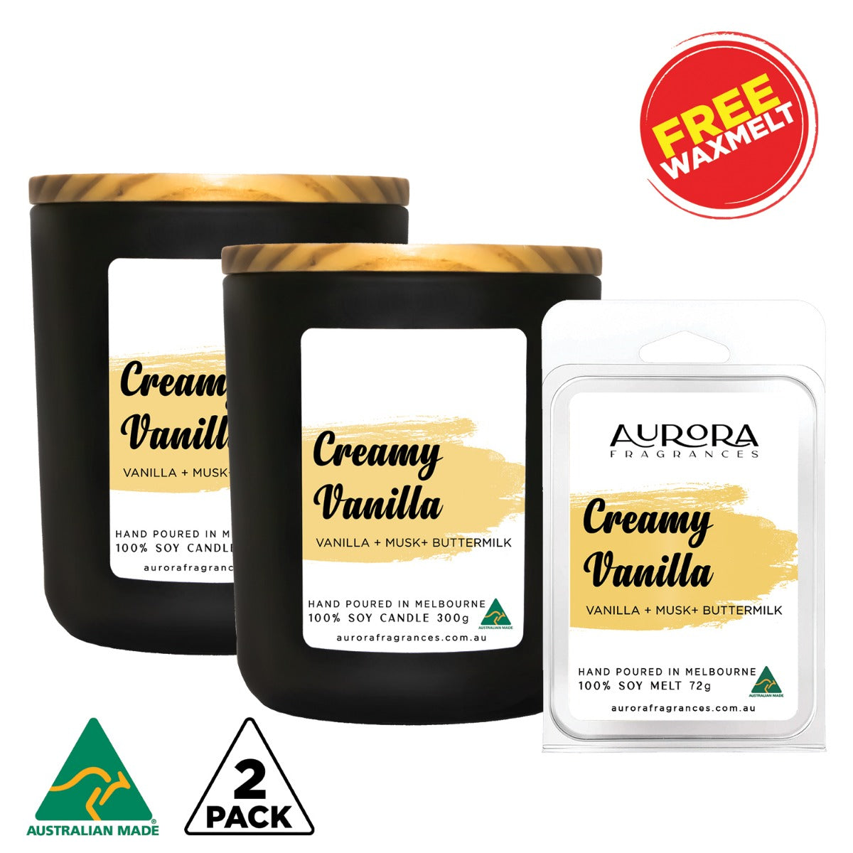 Aurora Creamy Vanilla Scented Soy Candle Australian Made 300g 2 Pack